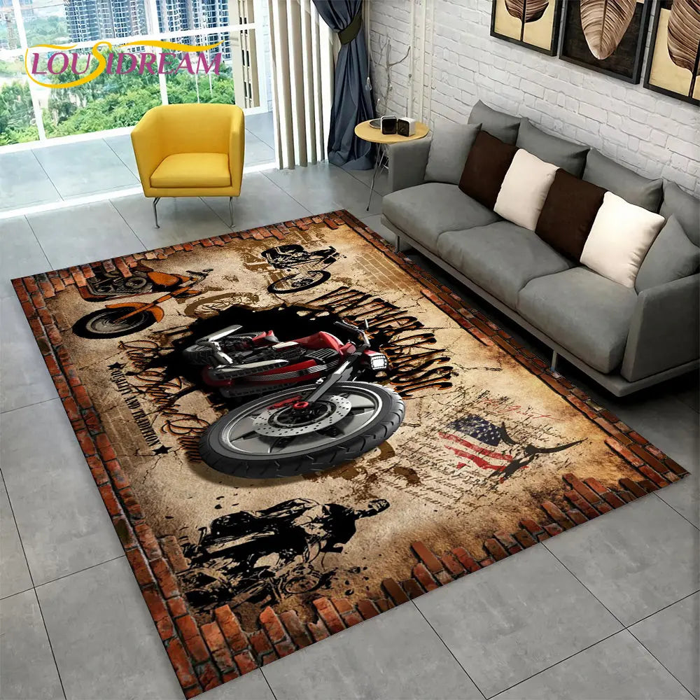 3D Retro Vintage Motorcycle Area Rug